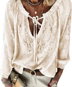 shownicer Mujer Camisas Túnica de Manga Larga Boho Blusa Camiseta de Encaje Suelta Casual Patchwork T-Shirt Tops