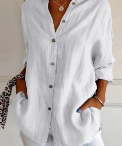 Camisa clásica plisada con solapa de un solo botonadura para mujer, blusa de trabajo de manga larga