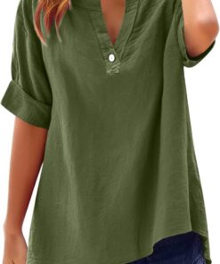 Camisas de lino para mujer, talla grande, de manga corta, con botones, para verano, casual, holgada, cómoda, de gasa de algodón