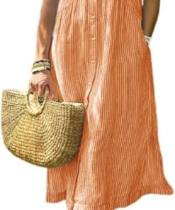 Vestido camisero a rayas con solapa y botones y bolsillos funcionales, vestido largo casual de verano
