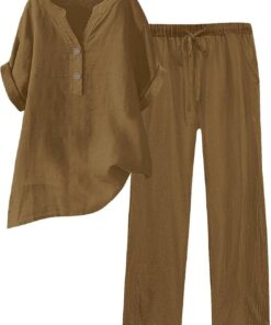 Conjunto de 2 Piezas de Lino para Mujer, Camisa y Pantalones con Botones, Casual, Holgado, para Playa, Vacaciones, Verano