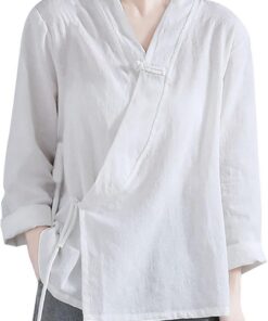 Camisas de manga larga para mujer, elegante, cuello en V, Qipao Cheongsam, blusa ligera e informal con cuello mandarín, estilo étnico vintage, con botones, ropa tradicional china