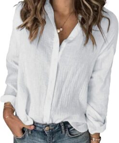Blusa de algodón y lino de manga larga con botones para mujer, ajuste holgado, informal, cuello en V