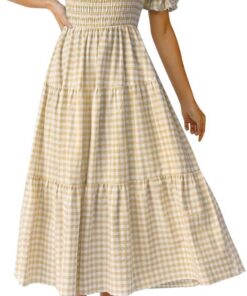ZESICA - Vestido de verano bohemio para mujer, a cuadros, cuello cuadrado, manga abullonada, con volantes, con vuelo, para la playa, largo midi