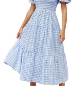 ZESICA - Vestido de verano bohemio para mujer, a cuadros, cuello cuadrado, manga abullonada, con volantes, con vuelo, para la playa, largo midi