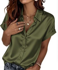 Zeagoo Blusa de Seda para Mujer, de Manga Corta, de satén, con Botones, Informal, Holgada, Cuello en V, para Negocios, Trabajo, Trabajo