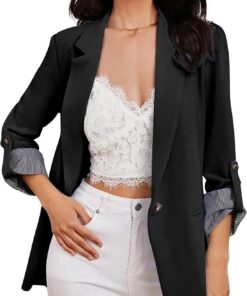HUIFUAO - Trajes y blazers para mujer, chaquetas de traje de negocios, talla grande, cárdigan abierto al frente, manga larga, para oficina, trabajo, abrigos, ligeros, Z11 negro, S