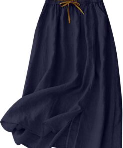 Falda midi de lino y algodón para mujer, estilo informal, con lazo elástico en la cintura y bolsillos, falda dividida de verano, falda para mujer, para vacaciones, uso diario 2026