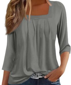 Blusas Mujer Color Sólido Blusas Informal Plisada de Mangas 3/4 con Cuello Cuadrado Blusa Suelta Camiseta Elegante Camisa Suelto Túnica Básico Tops Casual Shirt