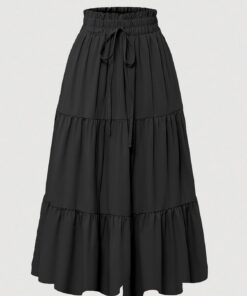 Falda midi negra para mujer, cintura elástica, acampanada, casual, estilo bohemio, escalonada