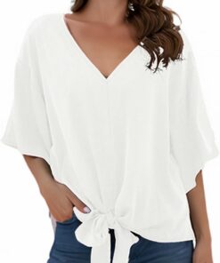Blusas de gasa para mujer con cuello en V y lazo frontal mangas de murciélago manga corta Tops y camisas de verano