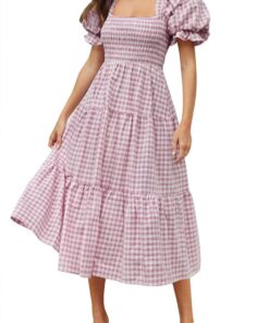 ZESICA - Vestido de verano bohemio para mujer, a cuadros, cuello cuadrado, manga abullonada, con volantes, con vuelo, para la playa, largo midi