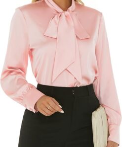 Escalier - Blusa de seda para mujer, manga larga, cuello de pajarita, botones, blusas informales para la oficina, tops de trabajo