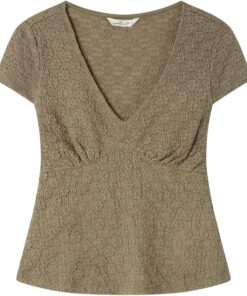 Springfield V Neck Top with Small Lace Details and Soft Gathering Under Chest Camiseta Mujer (Pack de 1)