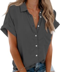 Camisas de manga corta para mujer, cuello en V, botones y bolsillos
