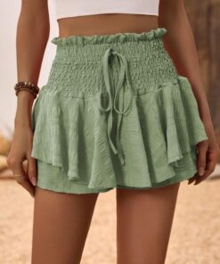 Falda pantalón de cintura alta con volantes fruncidos para mujer con pantalones cortos integrados
