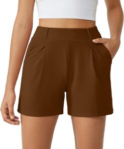 G4Free Pantalones cortos de moda para mujer, elegantes, informales, de cintura alta, plisados, con bolsillos