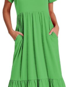 Vestido de verano de manga corta con cuello redondo, vestido largo casual con vuelo, vestido largo de playa escalonado para mujer, vestidos cómodos con bolsillos