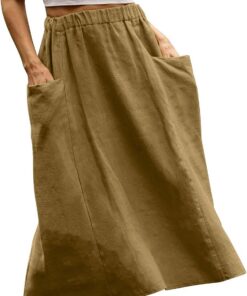 Falda midi de lino y algodón para mujer, falda de verano casual de cintura alta elástica con bolsillos, My Orders Today's Deals 2025 Sale Liquidación por debajo de la rodilla faldas para mujer