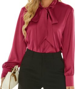 Escalier - Blusa de seda para mujer, manga larga, cuello de pajarita, botones, blusas informales para la oficina, tops de trabajo