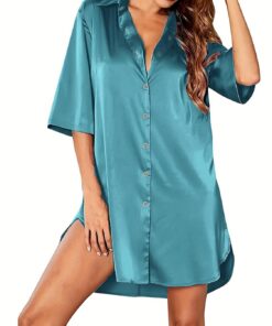 Vestido de dormir de satén con botones para mujer, camisa de descanso con cuello y superficie suave, cuello de muesca, ropa de dormir para el hogar