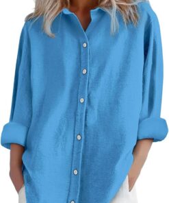Camisas y blusas de lino para mujer, de manga larga, con botones, tallas grandes, básicas, para oficina, trabajo