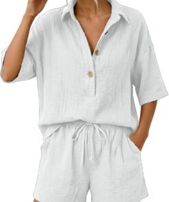 Genérico Conjuntos Mujer Verano Casual Dos Piezas Pantalon Cortos y Blusa Elegante Conjunto Lino Chándal Camisa Manga Corta Conjunto de Verano Ropa de Playa Chandal con Bolsillos