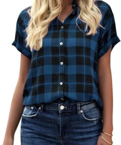GeGekoko Blusa a cuadros para mujer, manga corta, informal, suelta, cuello en V, para botones, túnica de verano