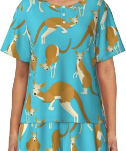 Divertido conjunto de pijama corto con estampado de canguro y zoológico de dibujos animados para mujer, ropa de dormir casual de verano de 2 piezas con botón, suave y cómodo