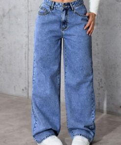 Pantalones vaqueros de cintura alta y pierna ancha para mujer, elásticos, holgados, casuales, holgados, con bolsillos