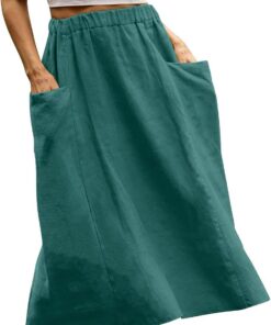 Falda midi de lino y algodón para mujer, falda de verano casual de cintura alta elástica con bolsillos, My Orders Today's Deals 2025 Sale Liquidación por debajo de la rodilla faldas para mujer