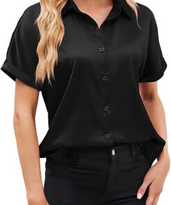 Blusas de seda satinada para mujer, blusas de manga corta con botones y cuello de solapa, camisas casuales de ajuste holgado, camisa de oficina de negocios