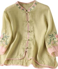 Camisas de manga 3/4 para mujer, elegante blusa bordada floral con estilo chino, botón plegable, ligera, oriental, ropa tradicional china, estilo étnico vintage