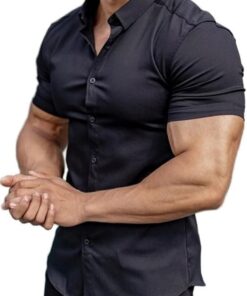 Camisa de vestir para hombre de corte atlético ajustado, realza la musculatura, manga corta, elástica, estilo informal, con botones