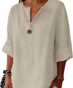 Camisas de lino para mujer, manga 3/4, botones, cuello en V, blusas informales, cómodas y transpirables, camisetas de trabajo de verano