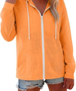 Sudadera con capucha para mujer, ligera, casual, de manga larga, con cremallera completa, de lino, para verano, playa, con bolsillo