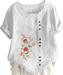 Camisa de algodón y lino con botones de verano para mujer, talla grande, con estampado floral, blusa de manga corta y cuello redondo