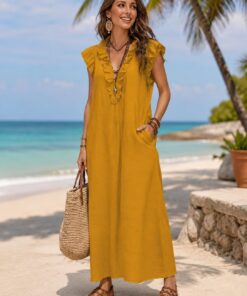 Vestido largo bohemio para mujer, trajes de verano para vacaciones en la playa, vestido largo casual suelto con bolsillos y manga casquillo con volantes
