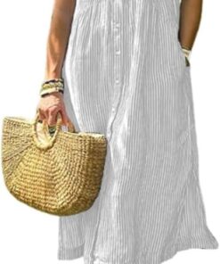 Vestido camisero a rayas con solapa y botones y bolsillos funcionales, vestido largo casual de verano
