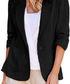 HUIFUAO Blazer corto para mujer, chaqueta de traje negro, vestido, informal, manga larga, 1 botón abierto en la parte delantera, cárdigan de otoño