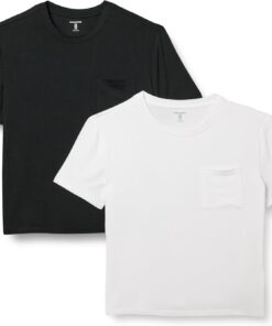 Amazon Essentials Camiseta con Bolsillo de Cuello a la Caja, Manga Corta, Ajuste Informal y de Punto Mujer, Pack de 2
