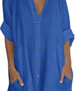 Camisas largas de manga 3/4 para mujer, estilo casual, holgadas, con botones, cuello alto, túnica con bolsillo, blusa ligera de lino y algodón para verano, para playa, tallas grandes, 22/24 en