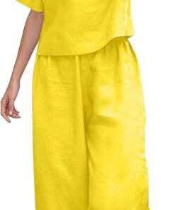 Conjunto de 2 piezas para mujer, algodón y lino, manga corta, cuello redondo, pantalones de pierna ancha, ropa ligera para verano, playa, vacaciones