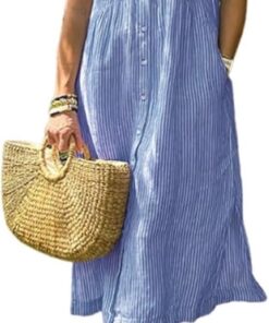Vestido camisero a rayas con solapa y botones y bolsillos funcionales, vestido largo casual de verano