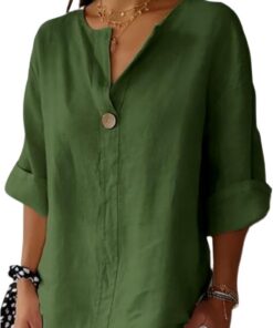 Camisas de lino para mujer, manga 3/4, botones, cuello en V, blusas informales, cómodas y transpirables, camisetas de trabajo de verano