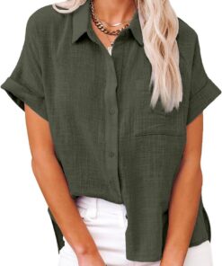 Camisas casuales de algodón y lino con botones de manga corta para mujer, blusas de playa de verano con bolsillo