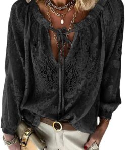 shownicer Mujer Camisas Túnica de Manga Larga Boho Blusa Camiseta de Encaje Suelta Casual Patchwork T-Shirt Tops