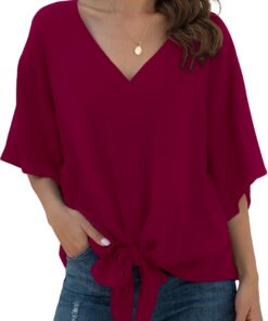 Blusas de gasa para mujer con cuello en V y lazo frontal mangas de murciélago manga corta Tops y camisas de verano