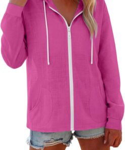 Sudadera con capucha para mujer, ligera, casual, de manga larga, con cremallera completa, de lino, para verano, playa, con bolsillo