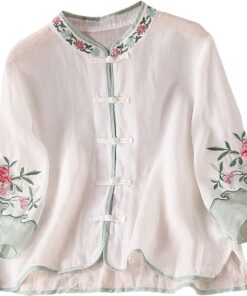 Camisas de manga 3/4 para mujer, elegante blusa bordada floral con estilo chino, botón plegable, ligera, oriental, ropa tradicional china, estilo étnico vintage